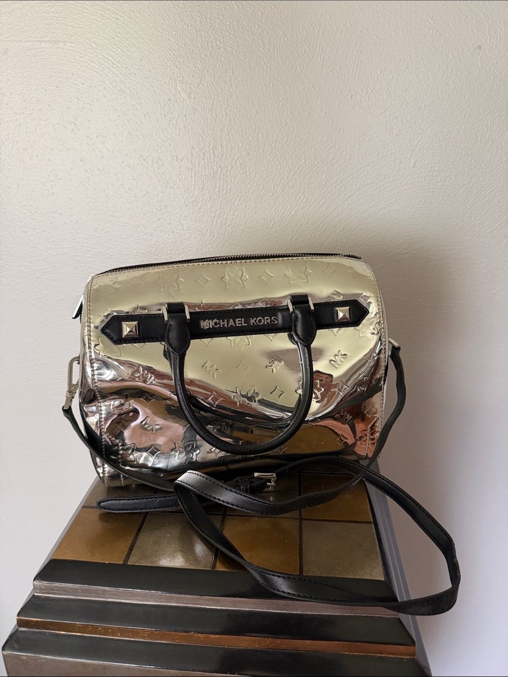 Michael Kors Shiny Silver Metallic Crossbody Satchel with Black Trim